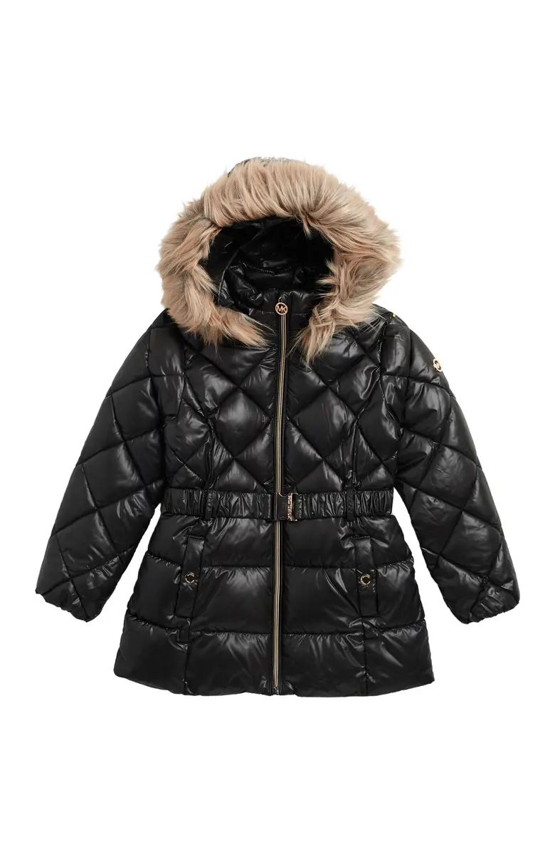 MICHAEL KORS Faux Fur Trim Hood Belted Quilted Puffer Jacket | Nordstromrack | Nordstrom Rack