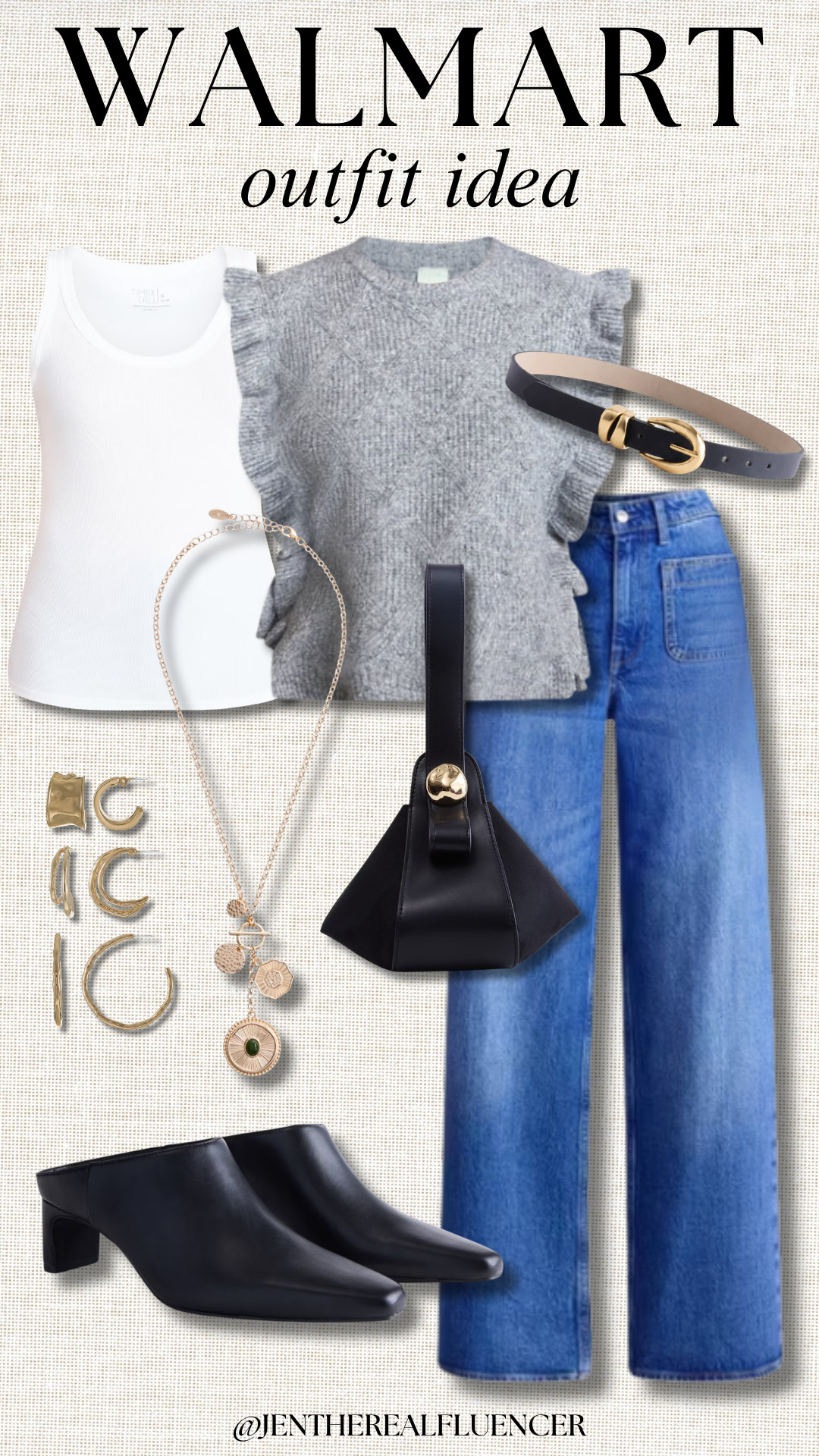 Walmart Outfit For The Cooler Days!

TIME AND TRU White Ribbed Tank, SCENARIO Grey Ruffle Sweater Vest, FREE ASSEMBLY The Larchmont High Rise Patch Pocket Jeans in Medium Wash, SCENARIO Black Double Metal Loop Belt, SCENARIO 3pk Textured Hoop Earrings, SCENARIO Gold-Tone Necklace with Medallion Charms, SCENARIO Black Mini Handbag with Gold Accents, SCENARIO Black Slip On Heeled Mules 

 #LTKootd #LTKWorkwear #LTKTravel