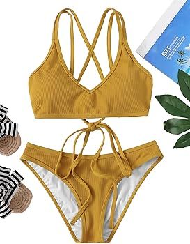 SweatyRocks Women's Bathing Suits Spaghetti Strap Criss Cross Back Bikini Ribbed Swimsuit | Amazon (US)