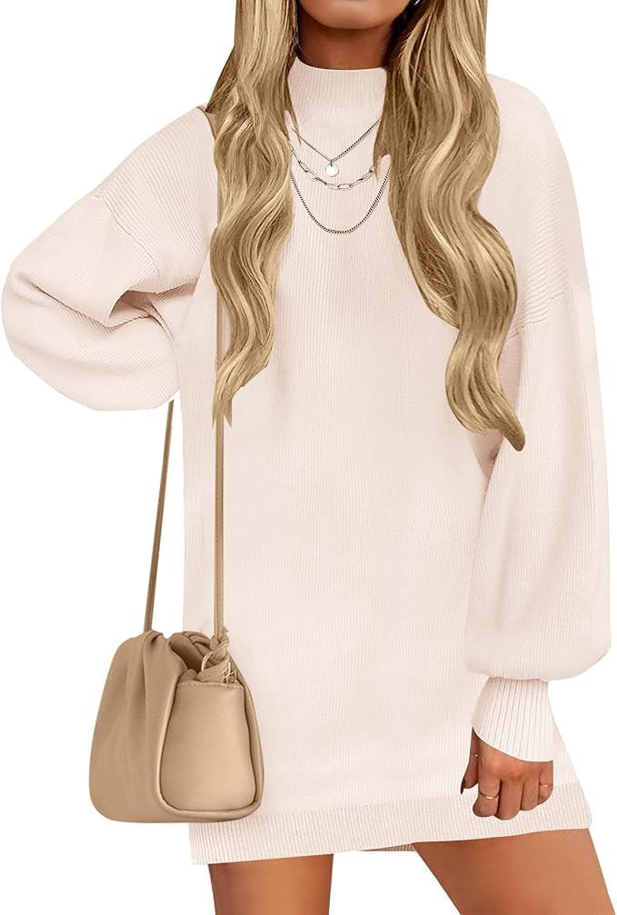 ZESICA Women's 2026 Spring Turtleneck Sweater Dress Oversized Long Lantern Sleeve Casual Knit Pul... | Amazon (US)