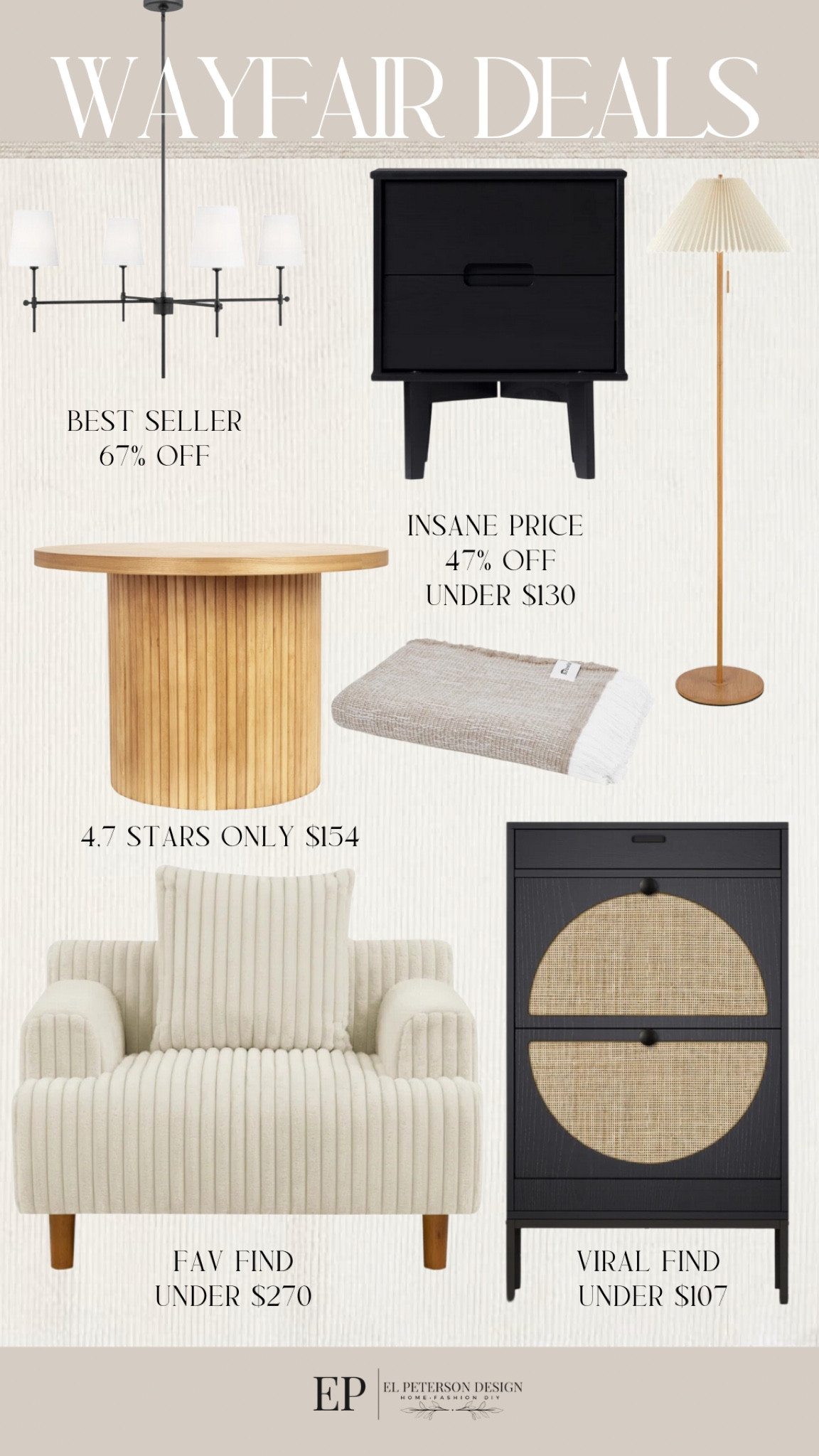 Wayfair deals
Floor lamp
Storage cabinet
Accent chair
Dining Table 
Nightstand
Chandelier 

#LTKSaleAlert #LTKHome