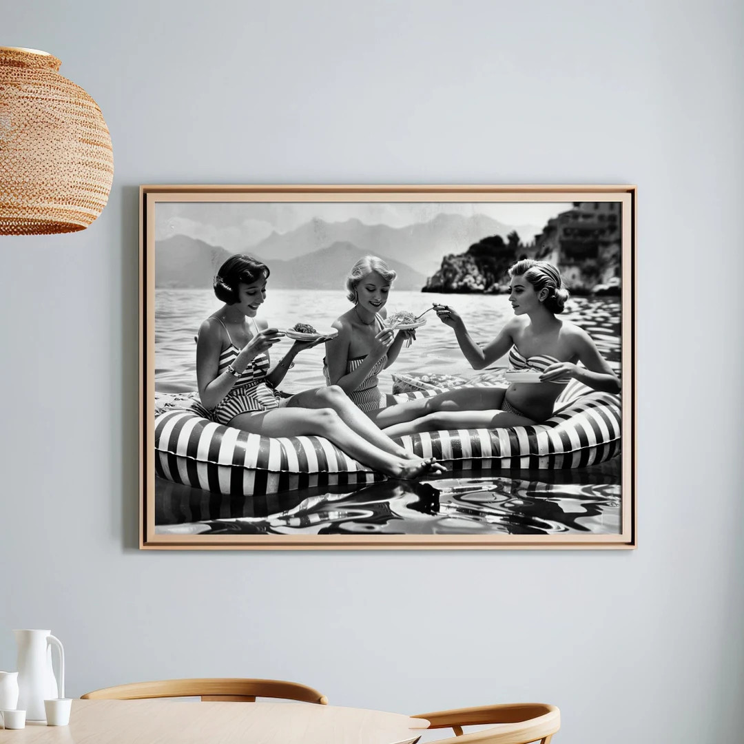 Women Eating Pasta on Water Floaties Poster Print, Ocean Art Print, Ladies Eating Spaghetti Vinta... | Etsy (US)