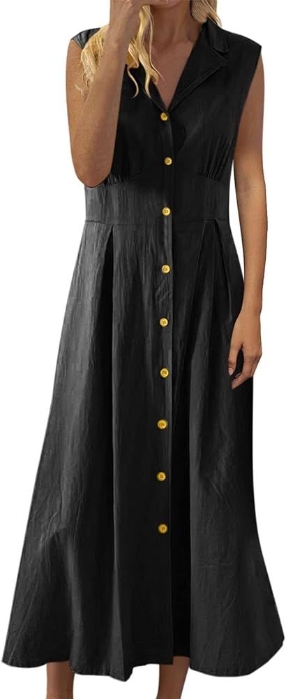 Womens Summer Sleeveless Button Down Long Shirt Dress Casual Cotton Linen Lapel V Neck A-Line Max... | Amazon (US)