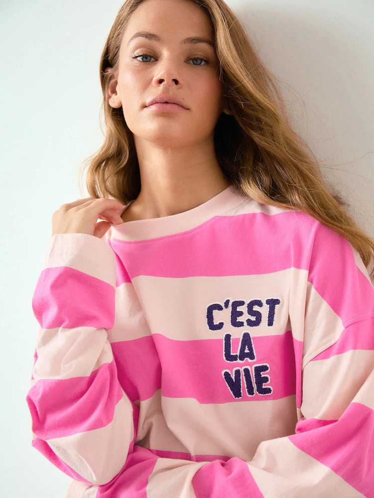 Roze/wit gestreept - T-shirt met print en lange mouwen | Next EU