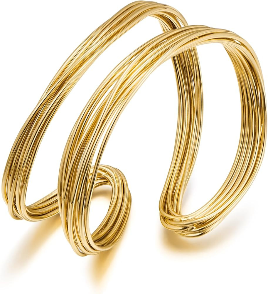 Gold Cuff Bracelet for Women Chunky Multi-layer Cross Wire Open Bracelet Hollow Wide Cuff Bracele... | Amazon (US)