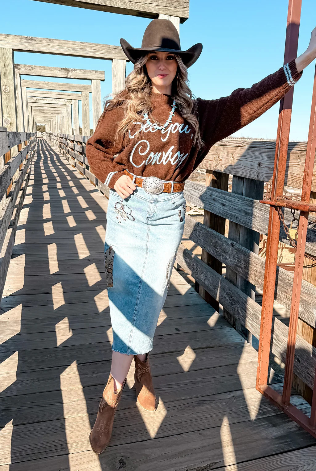 Western Embroidered Denim Skirt Large | Tucker Brown
