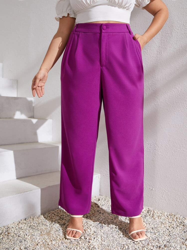 Plus Fold Pleated Slant Pocket Tailored Pants | SHEIN