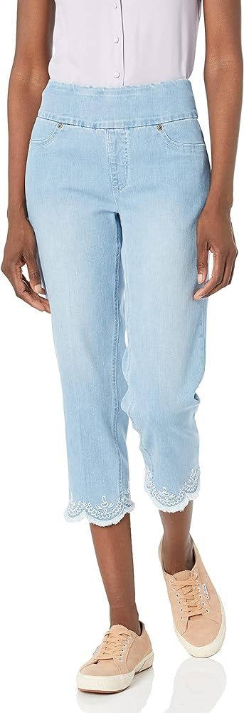 SLIM-SATION Women's Pull on Denim Crop Jean with Back Pockets and Embroidered Scallop Hem | Amazon (US)