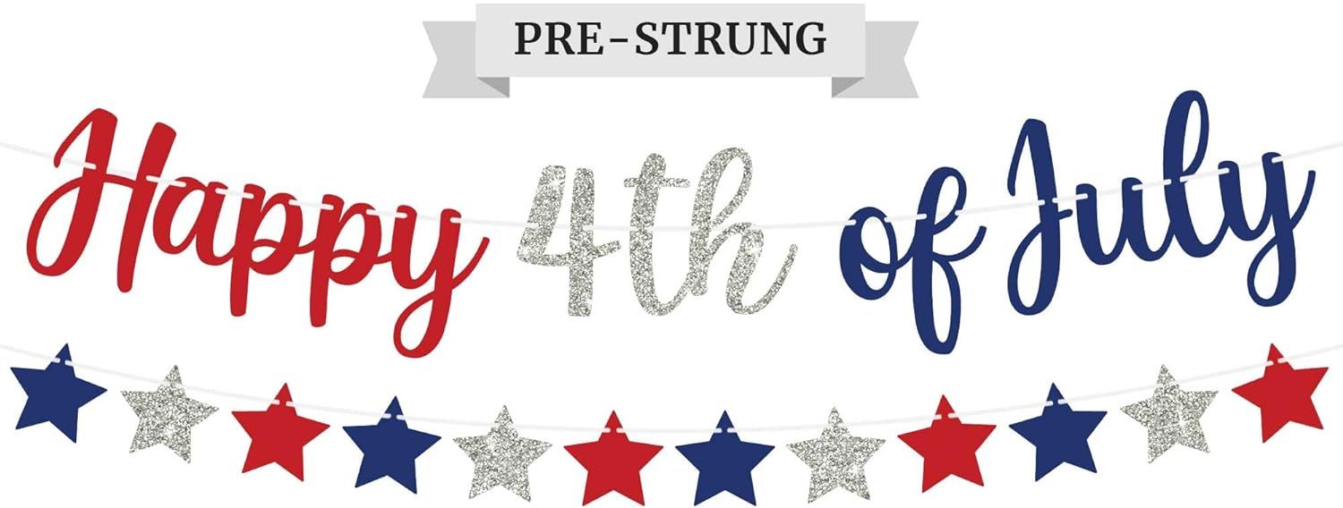 Pre-Strung Happy 4th of July Banner,NO DIY,Red & Blue With Silver Glitter Fourth of July Banner,P... | Amazon (US)