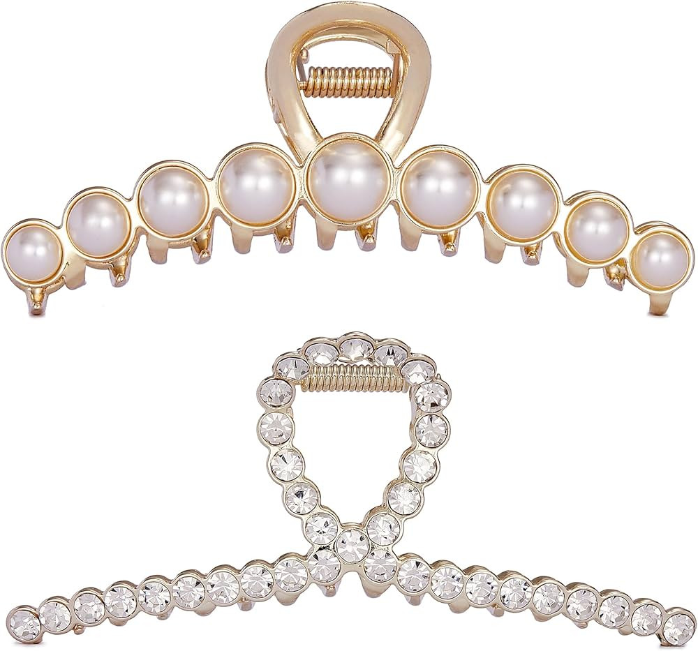Vintage Metal Rhinestone Hair Claw Clips Large Size Imitation Pearl Hair Jaw Clips Hair Clasps Ac... | Amazon (US)