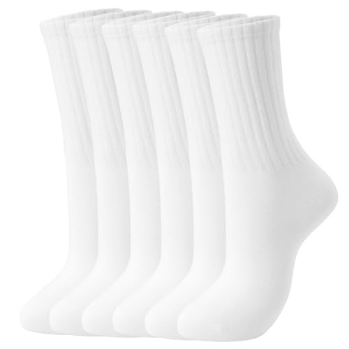SHIZEN White Crew Socks for Women, Womens Crew Socks White Quarter Thick Cotton Socks Women White Thin Crew Socks Long Mid Calf Athletic Socks Women 3 Pairs Pack Size 6-11 (S2054-3W) | Amazon (US)