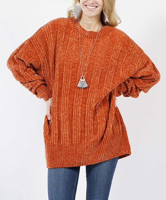 Rust Oversize Cable-Knit Velvet Yarn Crewneck Sweater - Women | Zulily