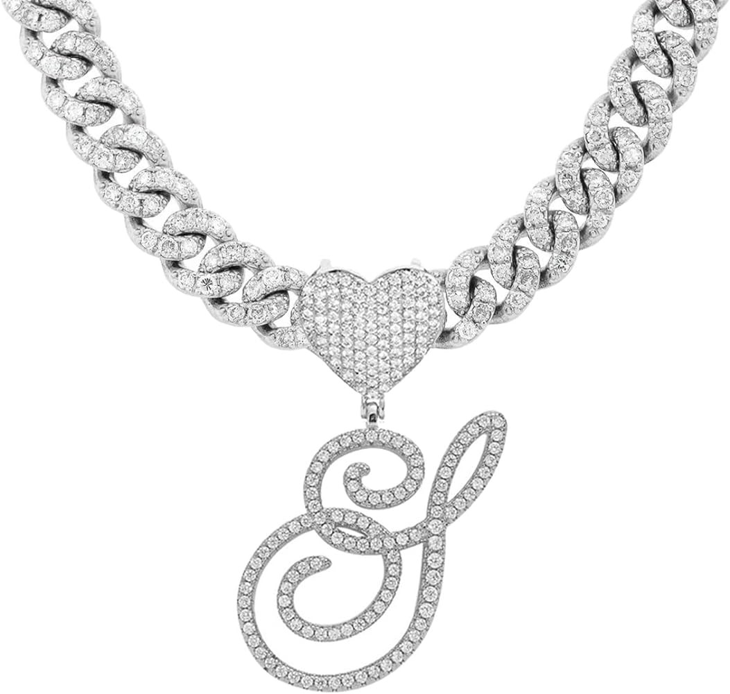 Initial Necklaces Silver Cuban Link Chain for Women Iced Out Chain with Heart Letter Pendants Cus... | Amazon (US)