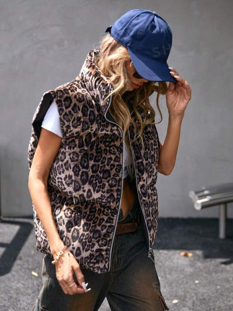 SHEIN Affinna Vintage Retro Random Leopard Print Padded Vest Jacket - European Style | SHEIN