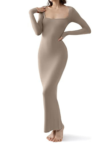 PUMIEY Long Sleeve Dress for Women Square Neck Maxi Dress Sexy Bodycon Fall Dresses for Women Khaki Medium | Amazon (US)