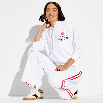 Women's Diet Coke Check Fleece Graphic Hooded Pullover Sweatshirt - White | Target