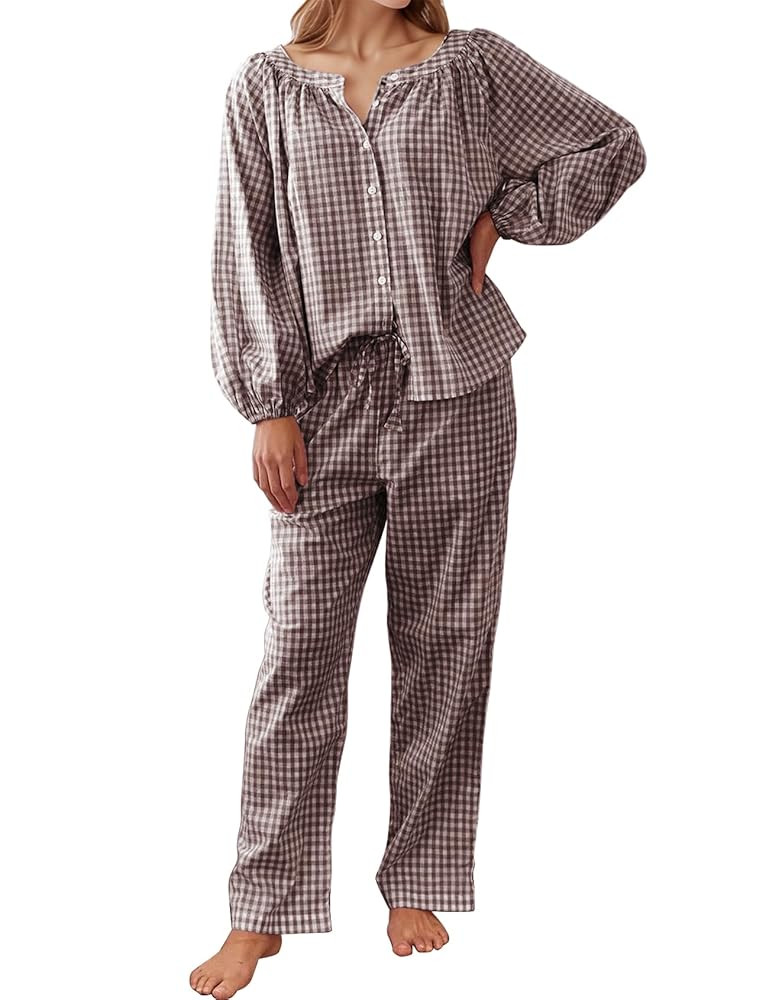 Flygo Womens Gingham Pajama Set 2 Piece Cotton Plaid Raglan Sleeve Button Top Straight Leg Pants ... | Amazon (US)