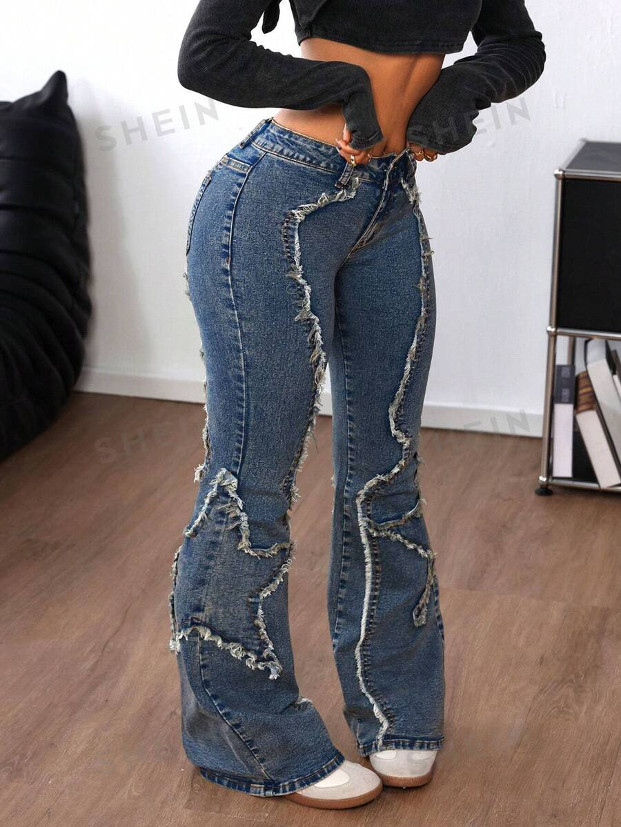 SHEIN ICON Women's Casual Frayed Hem Bell Bottom Denim Jeans SKU: sz2407188814115531









(1 ... | SHEIN