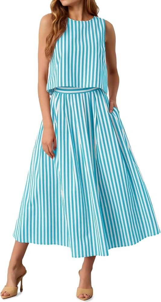 Tankaneo Womens 2 Piece Skirt Sets Summer Striped Sleeveless Tank Tops Midi Dress Travel Vacation... | Amazon (US)