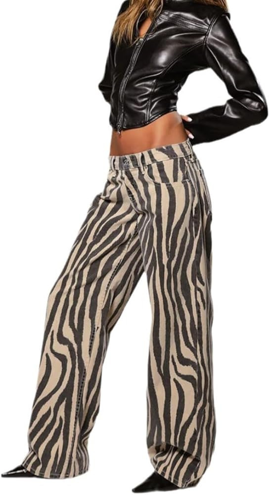Women's Tiger Print Pants High Waist Straight Leg Trousers Casual Pants Stripe Print Pants with P... | Amazon (US)