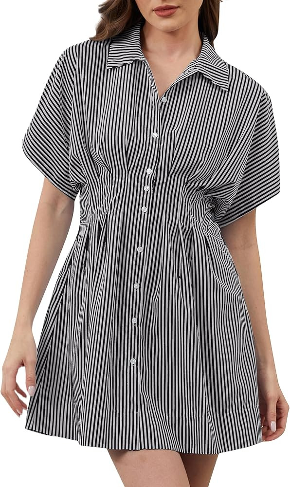 Women Button Down Pleated Shirt Dress Summer Short Sleeve Blouse Striped Print Corset Mini Dresse... | Amazon (US)