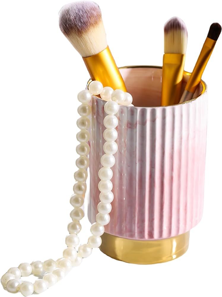 IEEK Pink and Gold Makeup Brush Holder Organizer,Glass Cosmetics Brushes Cup Eyebrow Pencil Pen C... | Amazon (US)