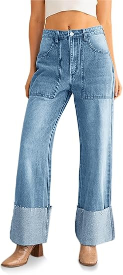 PLNOTME Womens Baggy Cuffed Jeans Casual Straight Leg Boyfriend Denim Pants with Pockets | Amazon (US)
