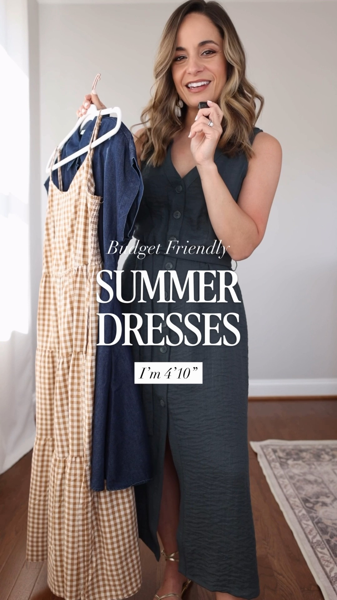 Three budget friendly dresses for petites! 

Blue gray dress (Kohl’s): petite xs 
Denim dress (Kohl’s): petite xs 
Gingham dress (Amazon): xs 
Sandals (Sam Edelman): true to size 

My measurements for reference: I’m 4’10” and 105lbs. My bust, waist, and hip measurement is 32”, 24”, and 36”.