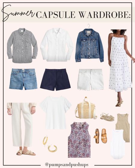 Navy and white summer capsule wardrobe 

Button down tops: petite xxs 
Jacket: xxs 
Shorts: 24 
Linen pants: xs (20% off BROOKE20) 
White flutter sleeve top: xs 
Linen top: xxs 
Dress: xs (20% off BROOKE20) 
Tank tops: xs 

#LTKstyletip