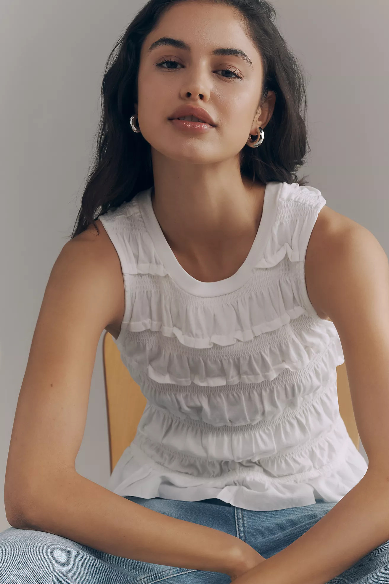 Maeve Cotton Shirred Ruffle Tank | Anthropologie (US)