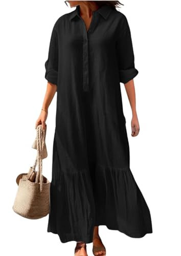 JUMPICK Women's Button Down Shirt Dress Long Sleeve Ruffle Hem Blouse Tops Casual A-Line Maxi Dress(2X-Large,Black) | Amazon (US)