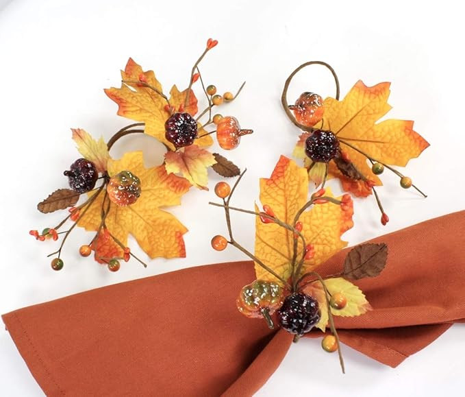 Angel Isabella, LLC Fall Themed Napkin Rings: Harvest Maple Fruit Pumpkin Theme Thanksgiving Dinner  | Amazon (US)
