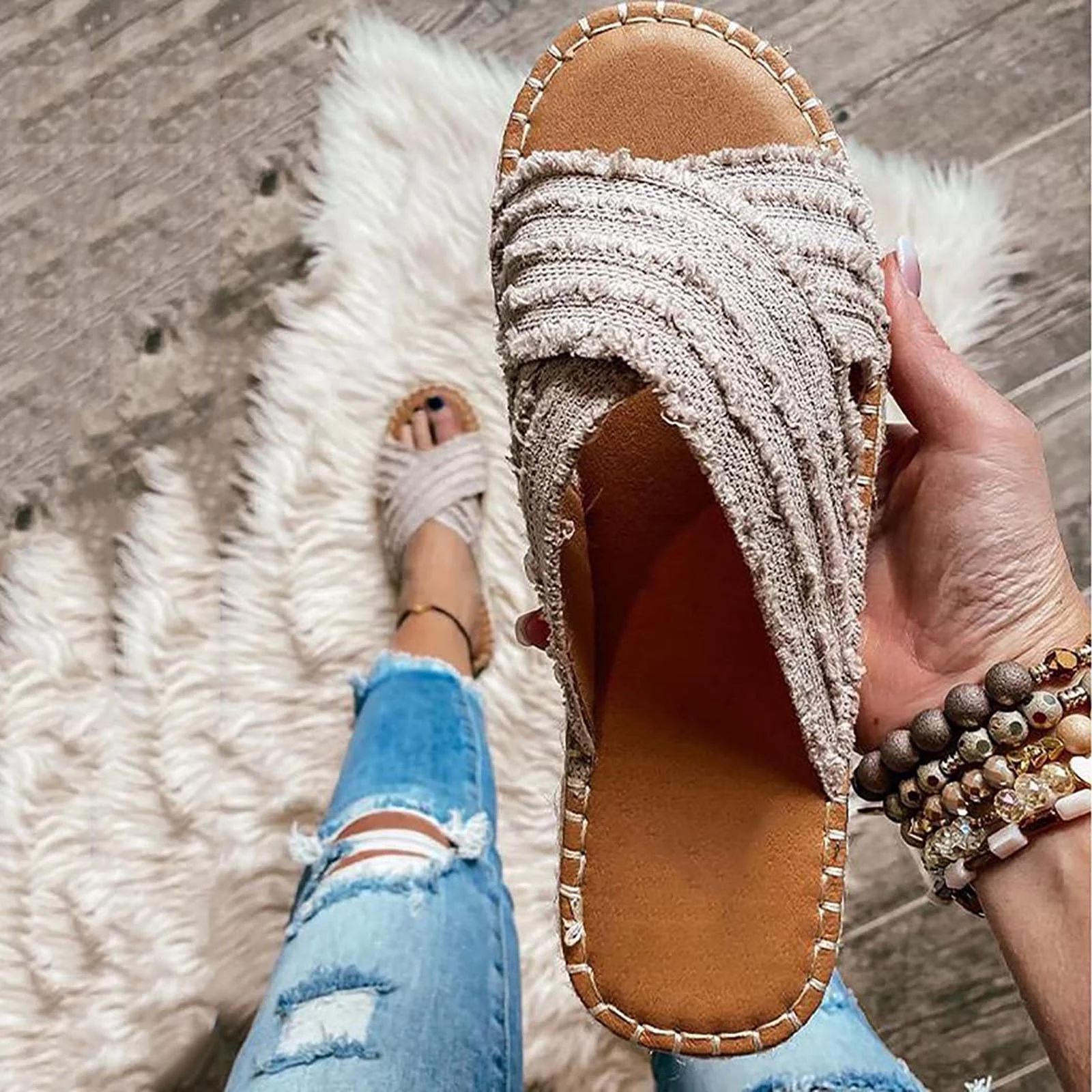 VerPetridure Summer Flat Slippers for Women New Denim Plush Cross Sandals And Slippers | Walmart (US)