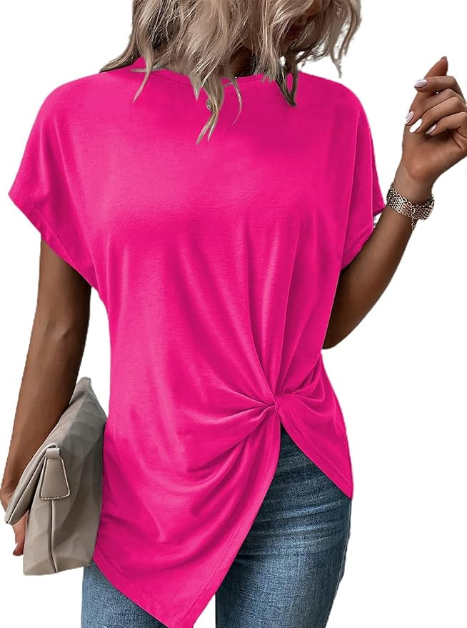 Asymmetrical Tops for Women Twist Front Top Crewneck Knot Short Sleeve T Shirts | Amazon (US)