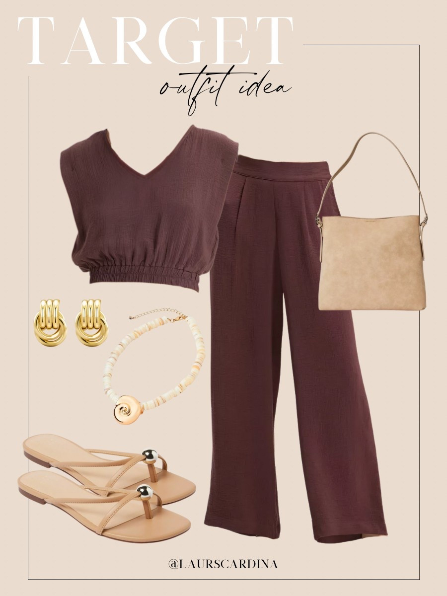 This Target outfit idea includes a brown sleeveless v-neck top paired with coordinating wide-leg pants, tan shoulder bag, gold earrings, a shell necklace, and strappy tan sandals.

Ootd, target fashion, summer outfit, casual outfit, date night outfit

#LTKShoeCrush #LTKStyleTip #LTKFindsUnder50