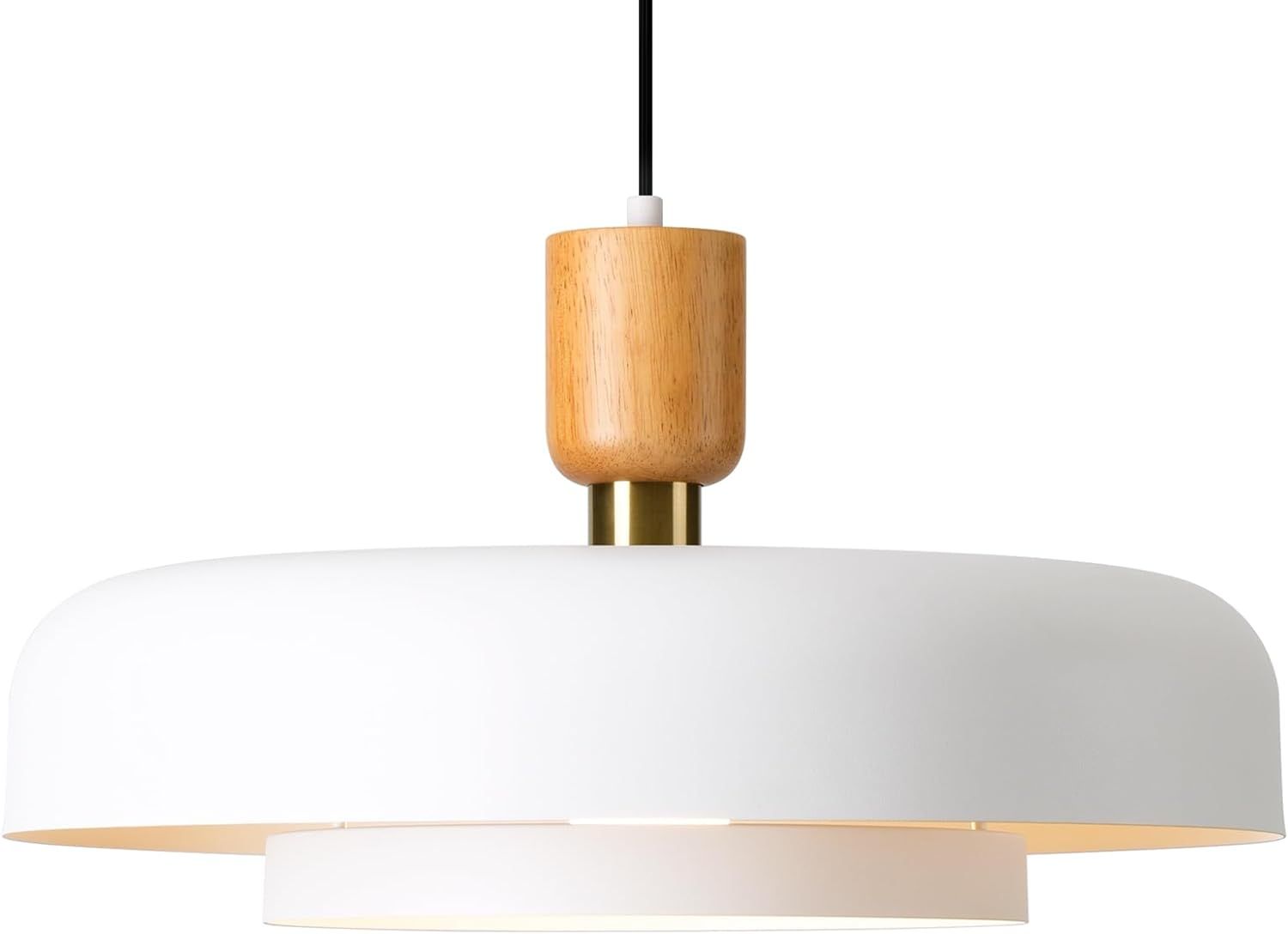 Modern Large Pendant Light 19.68 inch, 2 Tiers Matte White Shade, Natural Wood and Brass Accent, ... | Amazon (US)