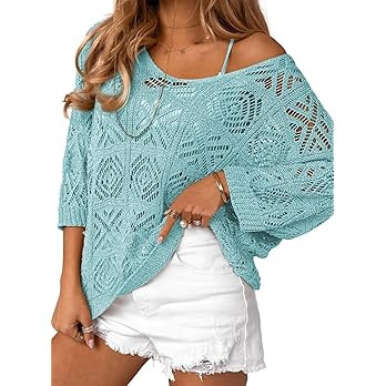 Dokotoo Women's 2026 Spring Summer Crochet Hollow Out 3/4 Sleeve Pullover Sweater Off Shoulder T-... | Amazon (US)