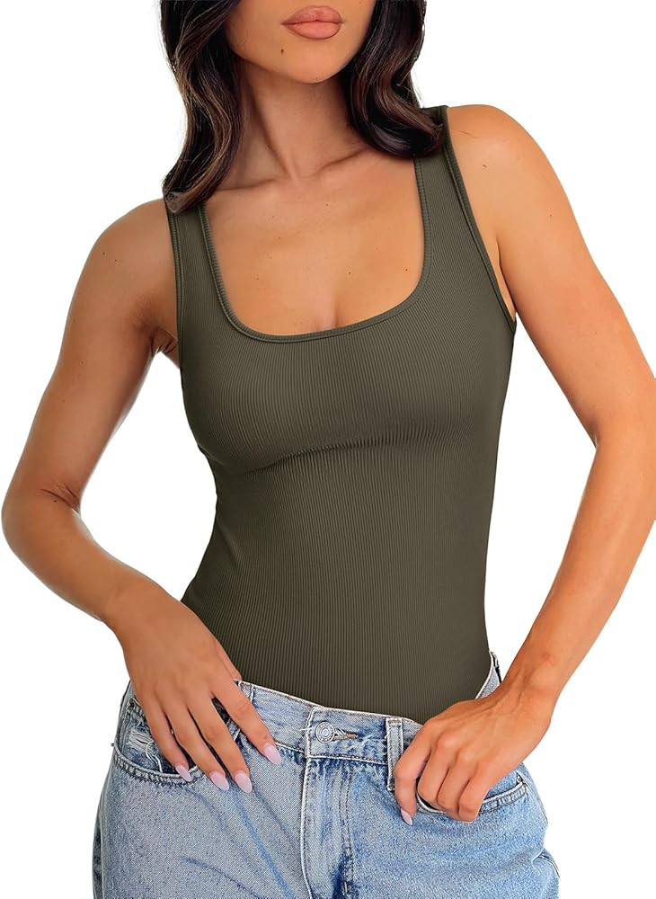 REORIA Body Suits Tank Top for Women Scoop Neck Sleeveless Ribbed Vest Tops Basic Slimming Thong ... | Amazon (US)