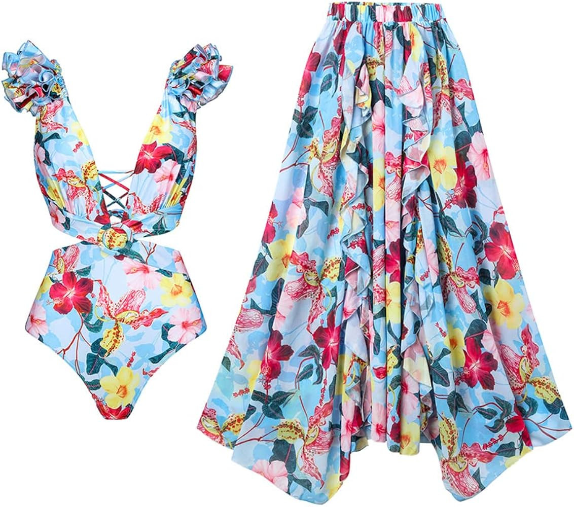 Women's One Piece Swimsuit with Cover Up Skirt Bikini Sarong Set Floral Print Bathing Suit with W... | Amazon (US)