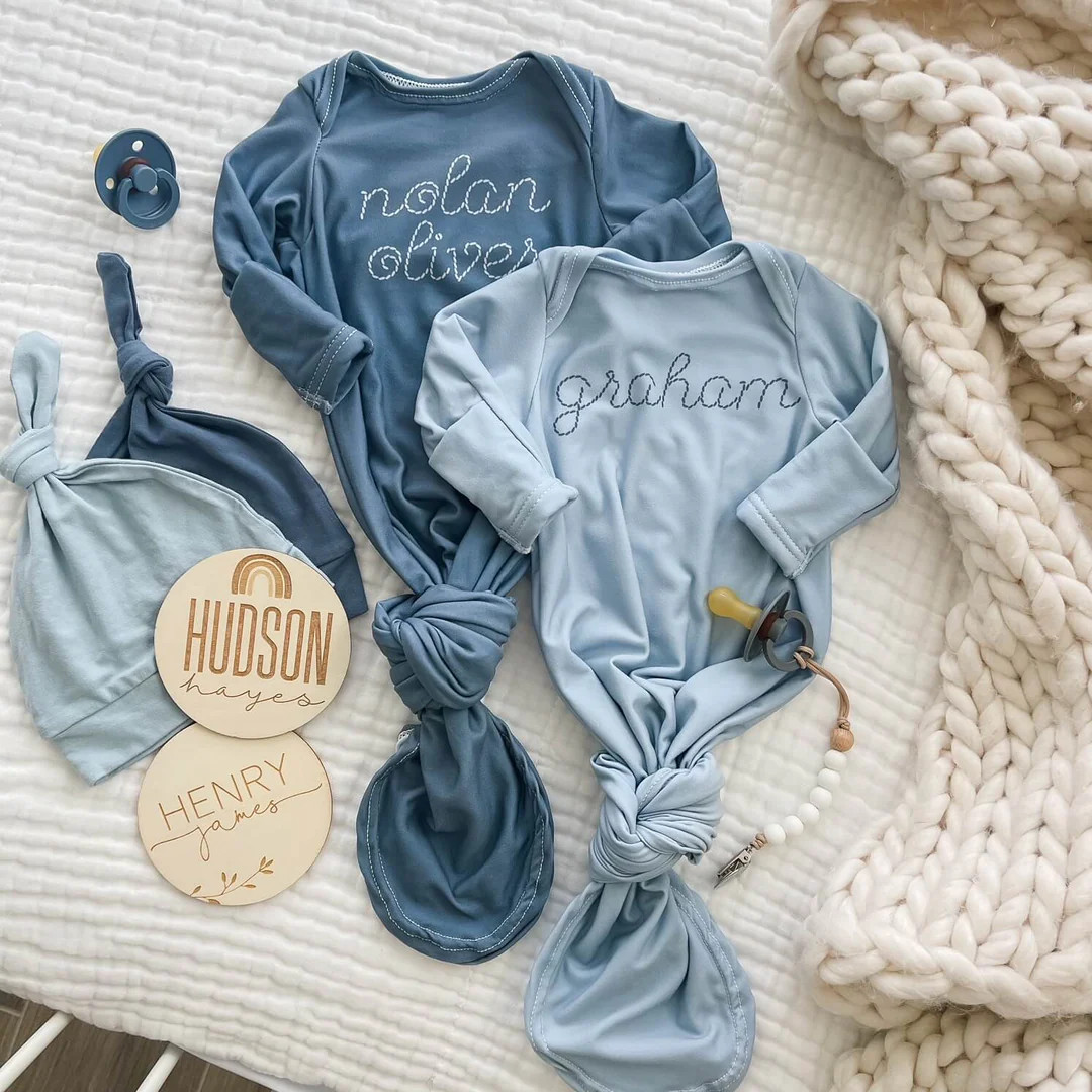 Personalized Stitched Newborn Baby Knot Gown | Ocean Blues | Caden Lane