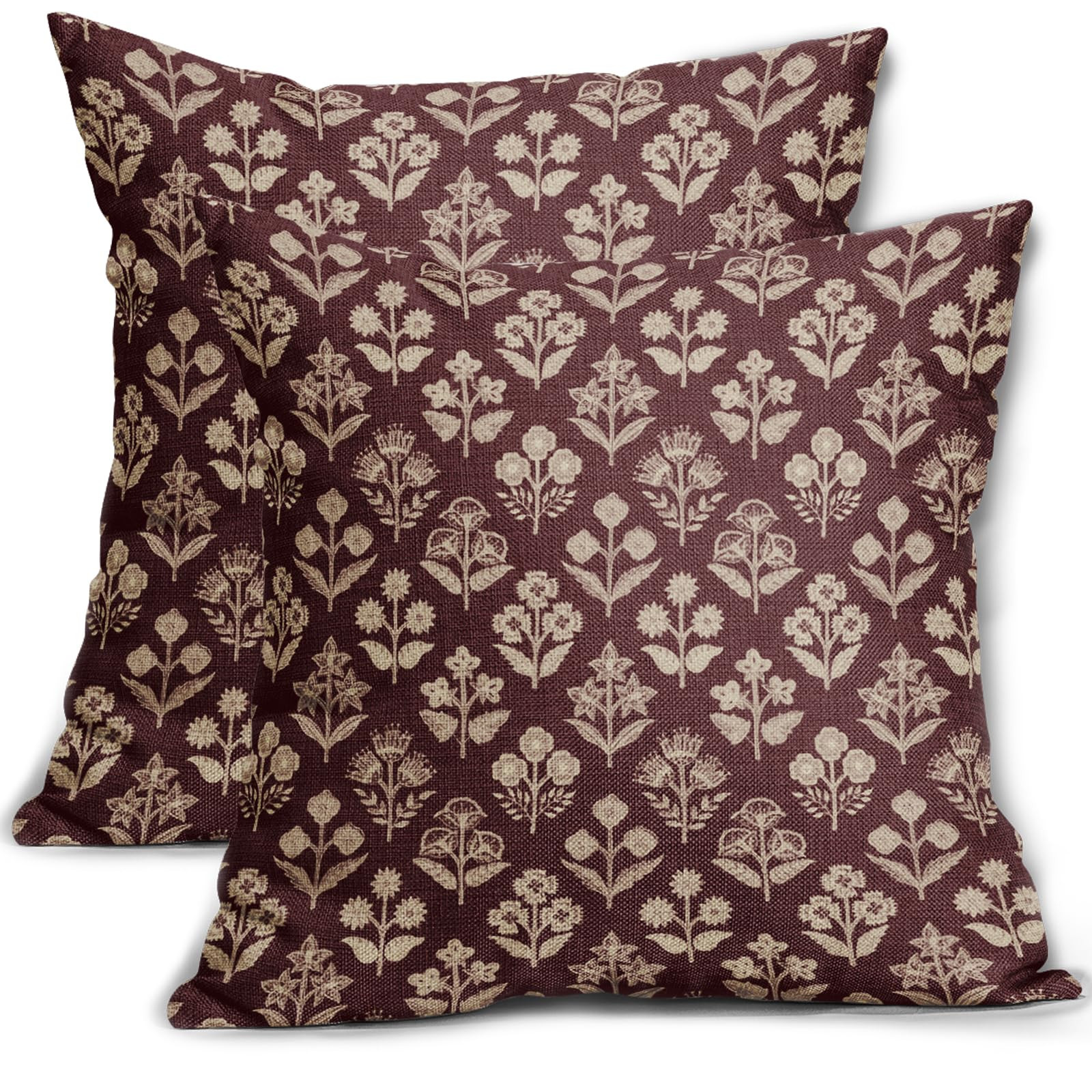 Burgundy Red Floral Pillow Covers 22x22 Inch Set of 2, Vintage Flower Block Print Decorative Thro... | Amazon (US)