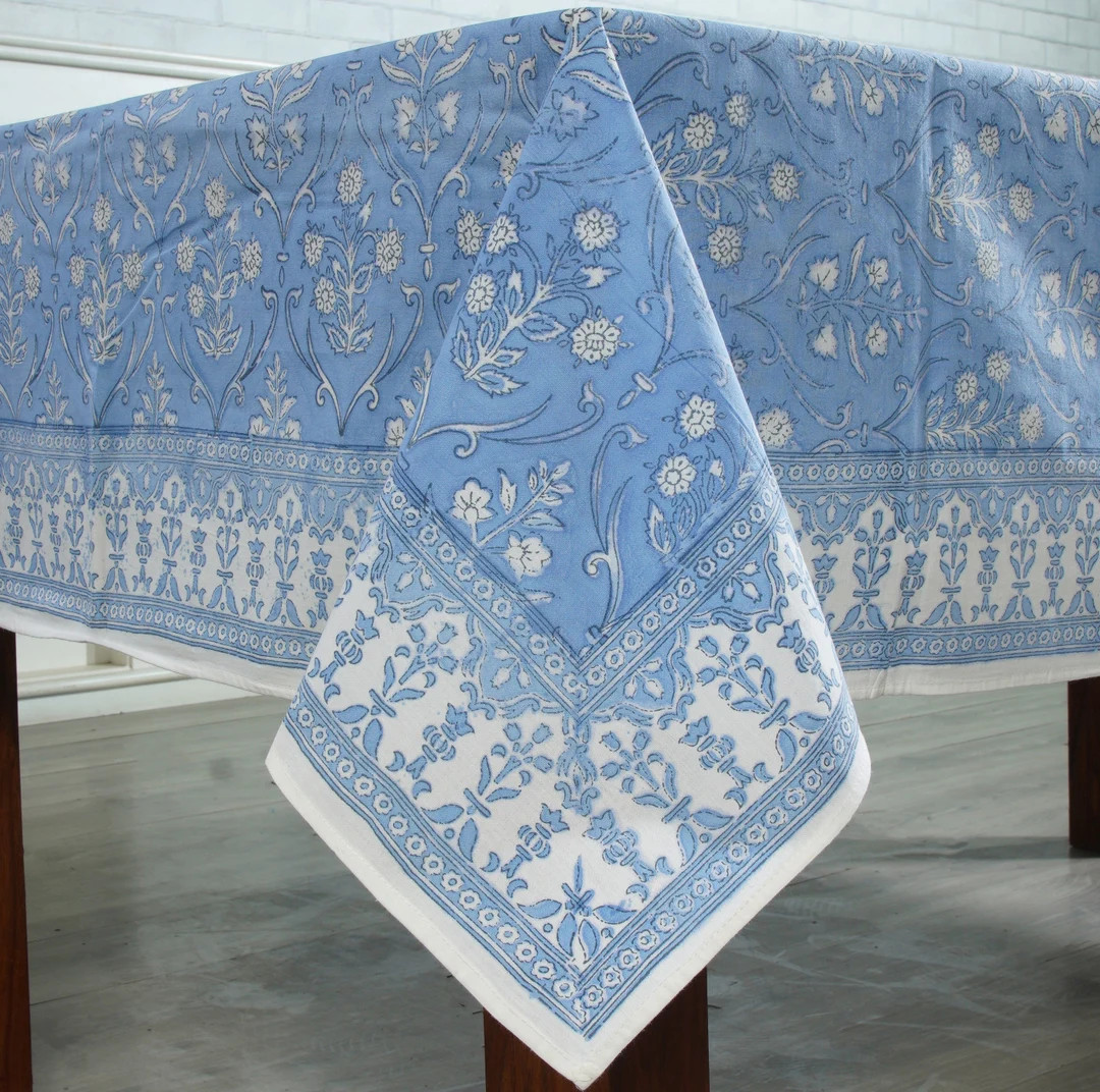 Cornflower Blue And White Indian Hand Block Printed Cotton Tablecloth Table cover, Wedding Home P... | Etsy (US)