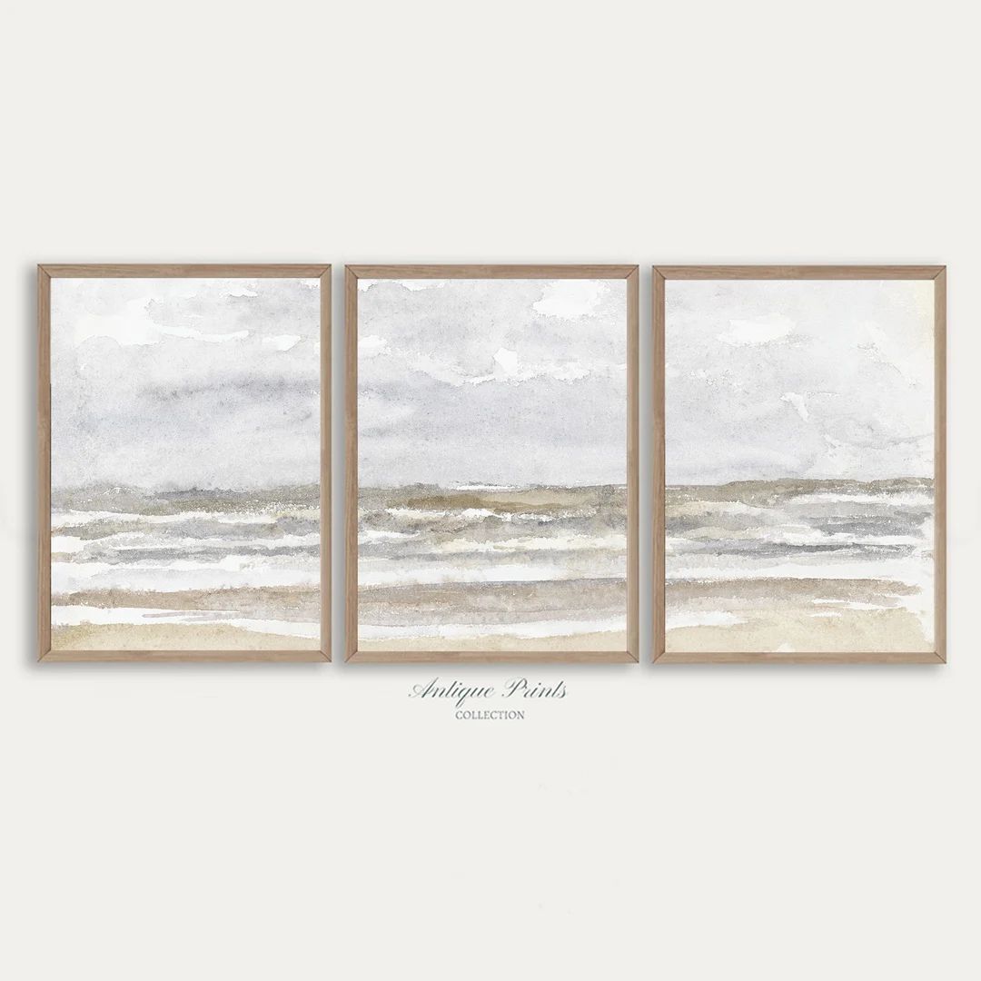Muted Coastal Set of 3 Painting, Vintage Watercolor Seascape Art, Antique Abstract Landscape Prin... | Etsy (US)