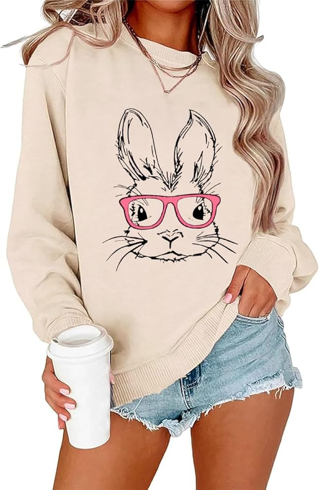 Ykomow Happy Easter Sweatshirt Women Long Sleeve Cute Bunny Rabbit Graphic Tees Pullover | Amazon (US)