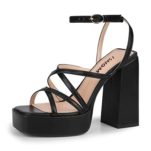 ISNOM Platform Heels for Women, Black Heels for Women Chunky Heel Black Platform Heels Block Heels for Women Platform Strappy Heels Suqare Open Toe Sandals | Amazon (US)