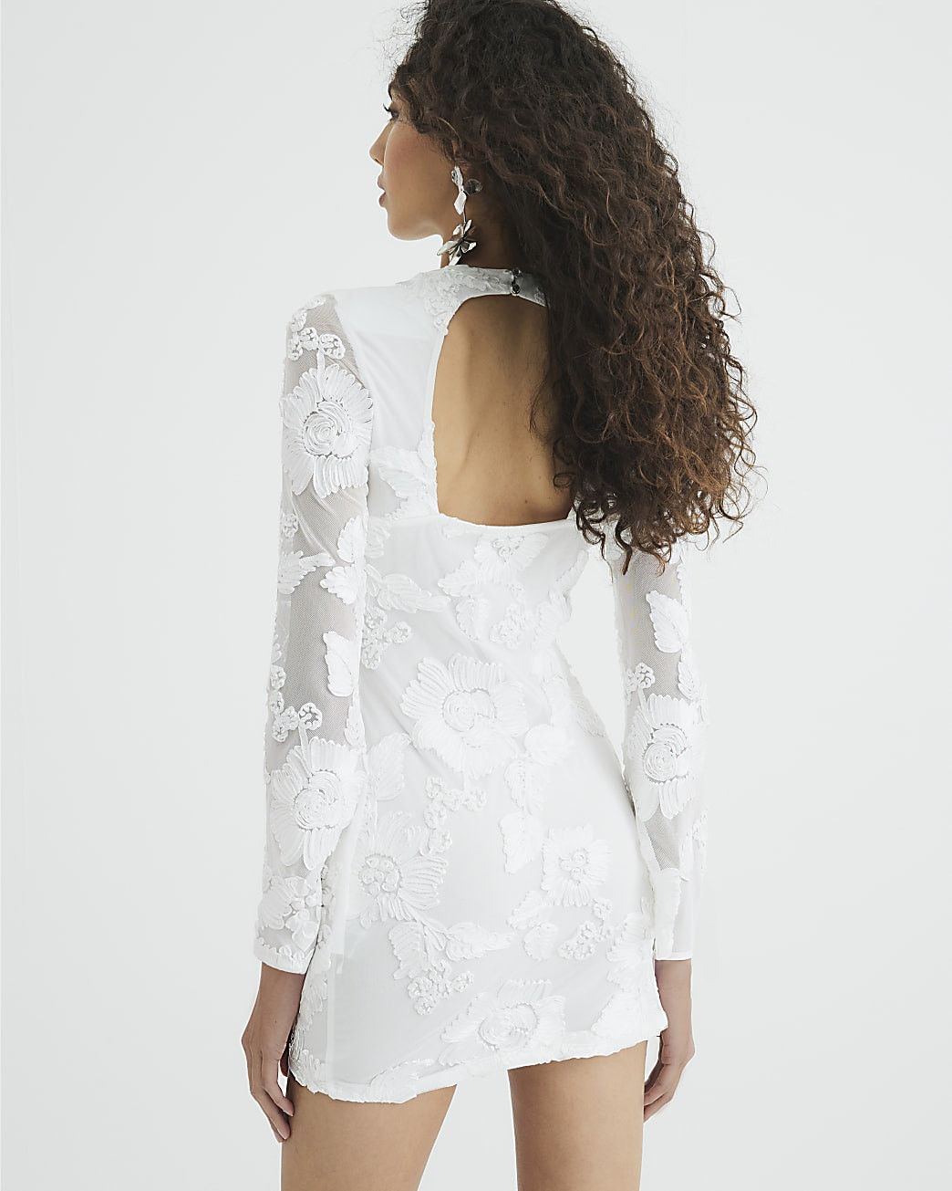 White Long Sleeve Floral Mesh Mini Dress | River Island UK & IE