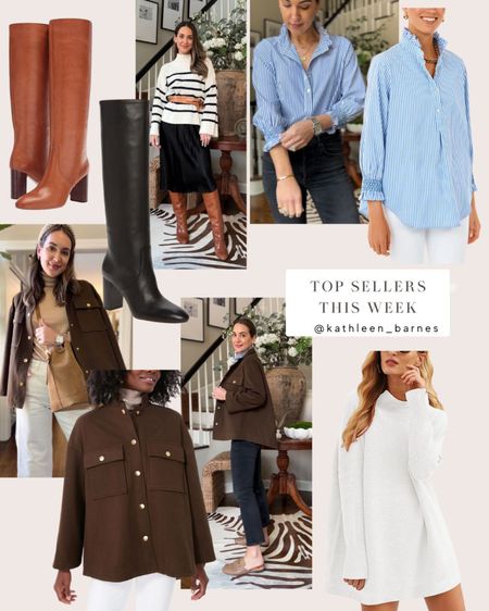 This weeks top sellers - blue and white striped shirt, military jacket, Amazon turtleneck sweater, classic leather boots 