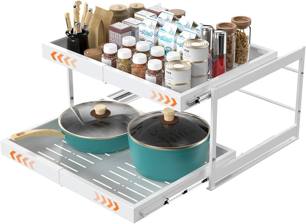 2-Tier Expandable Pull Out Cabinet Organizer, 16.9" Deep Heavy-Duty Slide Rail Slide Out Drawer O... | Amazon (US)