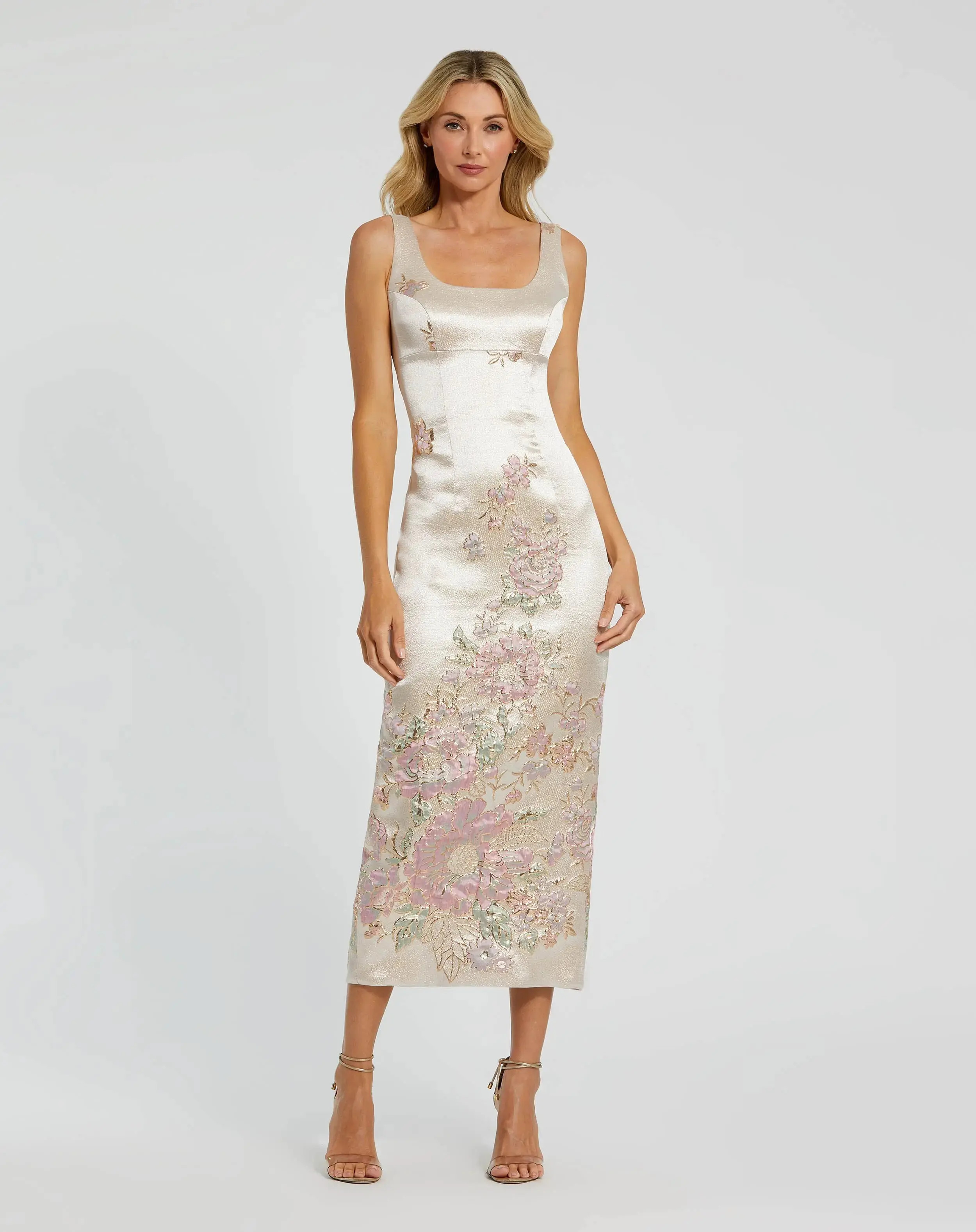 Ivory Slim Strap Scoop Neck Bustier Brocade Midi Dress | Mac Duggal | Mac Duggal