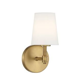 Savoy House Meridian 5.5 in. W x 9.5 in. H 1-Light Natural Brass Wall Sconce with White Linen Sha... | The Home Depot